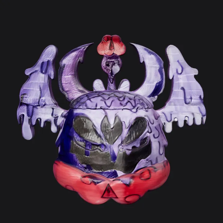 cartoonish purple monster with wings and a crown. smooth edges, complex geometry, character, symmetric geometry.