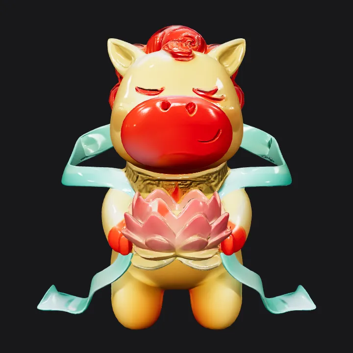 cartoon pig holding lotus flower. smooth edges, complex geometry, game-ready, character.