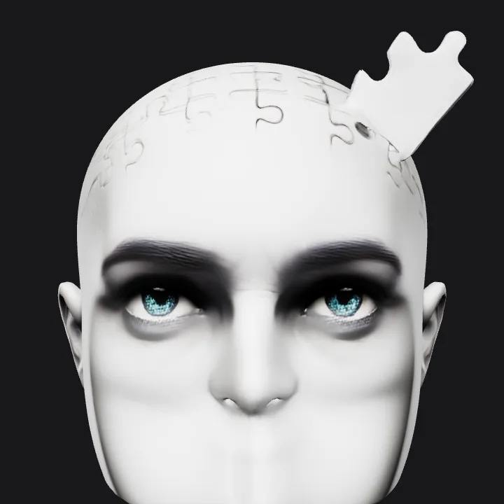Human head with puzzle piece missing. smooth edges, complex geometry, character, symmetric geometry.