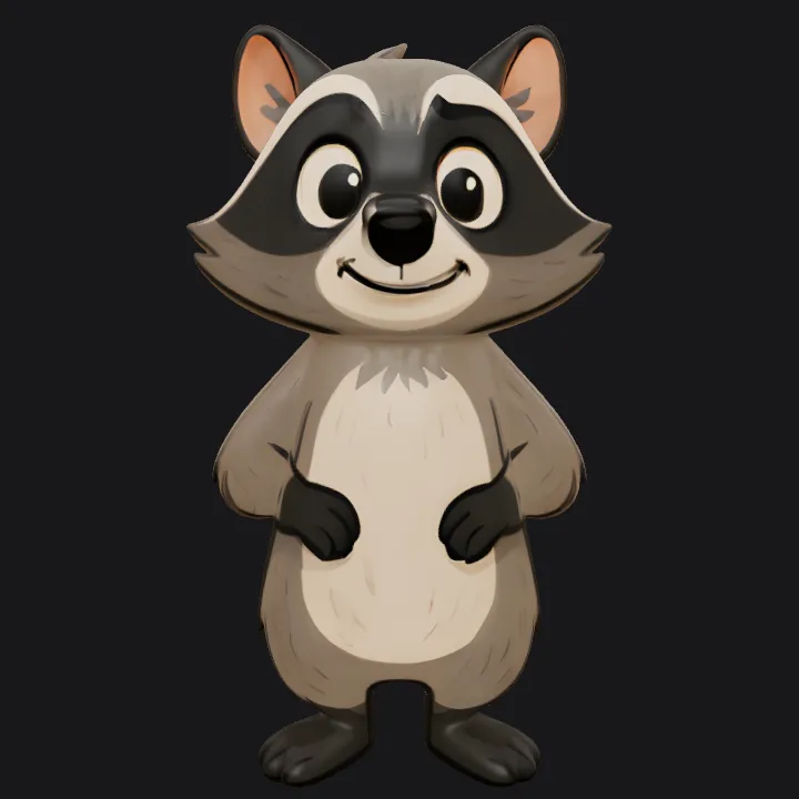 cartoon raccoon character standing upright. smooth edges, simple geometry, game-ready, character, symmetric geometry.