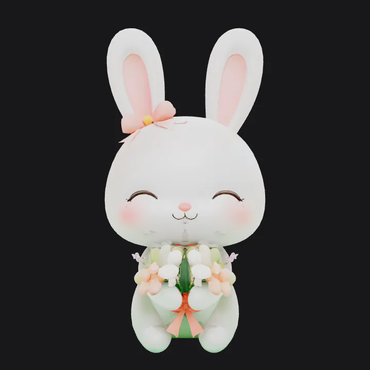 Cute cartoon bunny holding flowers. smooth edges, simple geometry, character, symmetric geometry.