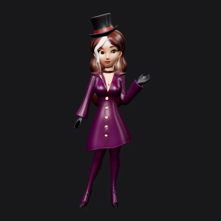 Woman in a purple dress and top hat. complex geometry, character.