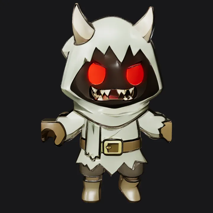Cartoon demon character with glowing red eyes. sharp edges, simple geometry, game-ready, character.