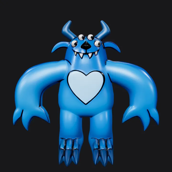 Blue cartoon monster with a heart on chest. smooth edges, simple geometry, game-ready, character, symmetric geometry.