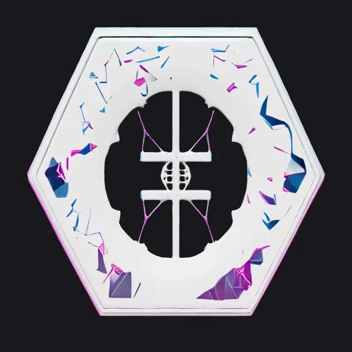 Glowing hexagonal frame with shattered glass. sharp edges, complex geometry, game-ready, symmetric geometry.