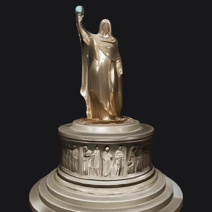 Golden robed statue holding glowing orb. smooth edges, complex geometry, character, symmetric geometry.