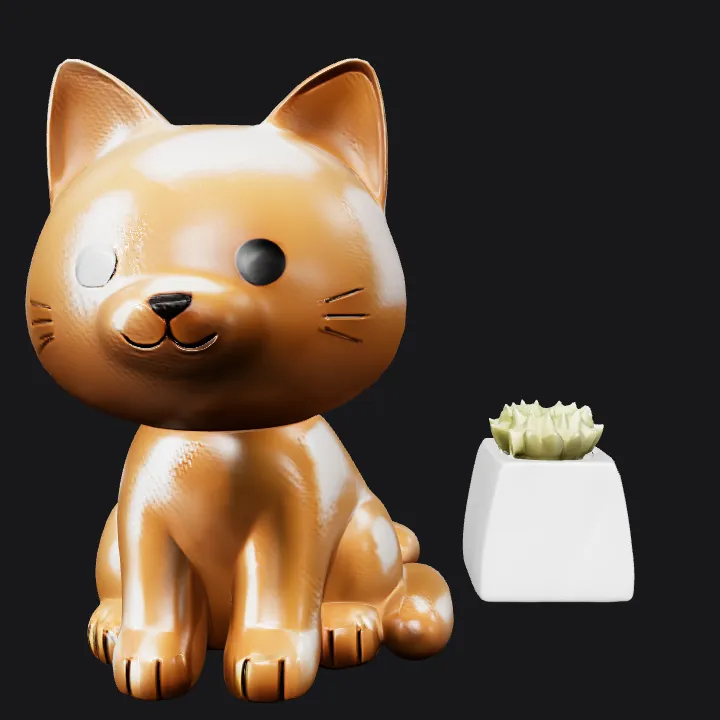Cat-shaped figurine on desk. smooth edges, simple geometry, game-ready, character, symmetric geometry.