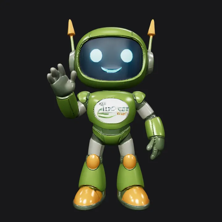 green robot mascot waving hello. smooth edges, simple geometry, game-ready, character.