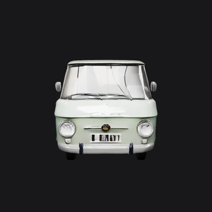 Vintage green minivan parked outdoors. sharp edges, simple geometry, symmetric geometry.