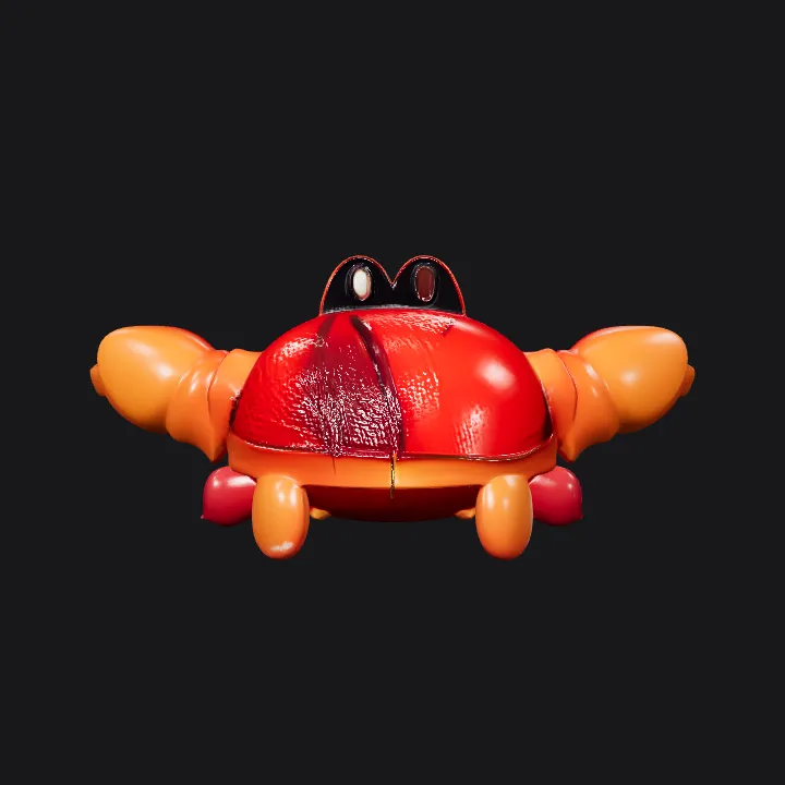 Cartoon red crab with a smiling face. smooth edges, simple geometry, game-ready, character, symmetric geometry.