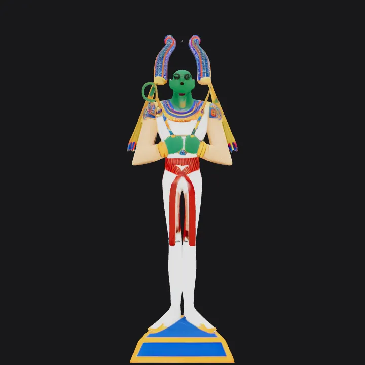 Ancient Egyptian deity with elaborate headpiece. smooth edges, complex geometry, character, symmetric geometry.