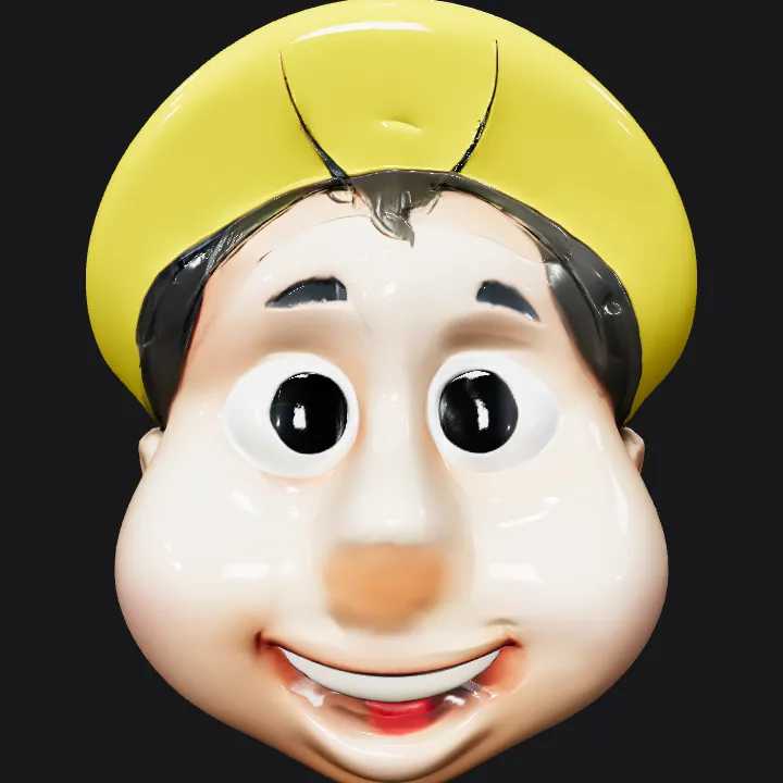 Toy head of Pinocchio wearing colorful cap. smooth edges, simple geometry, character.