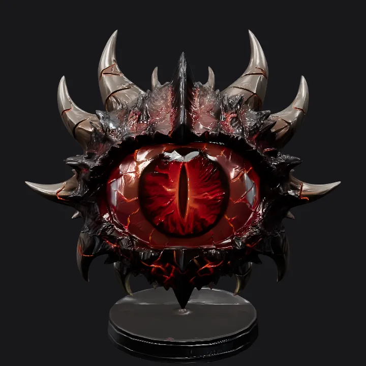 Demonic eye surrounded by sharp horns. sharp edges, complex geometry, game-ready, symmetric geometry.
