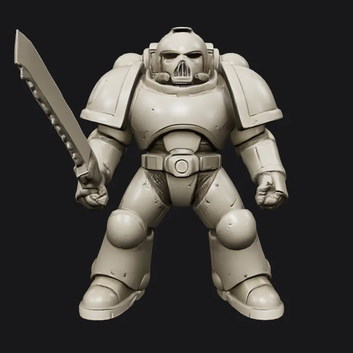 Armored sci-fi soldier with chainsword. sharp edges, complex geometry, game-ready, character, symmetric geometry.