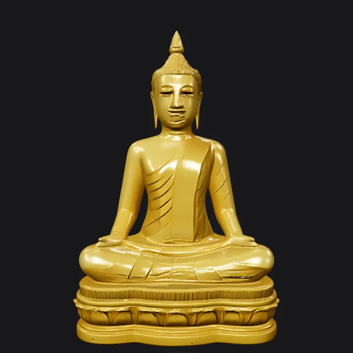 golden Buddha statue in seated position. smooth edges, complex geometry, character, symmetric geometry.