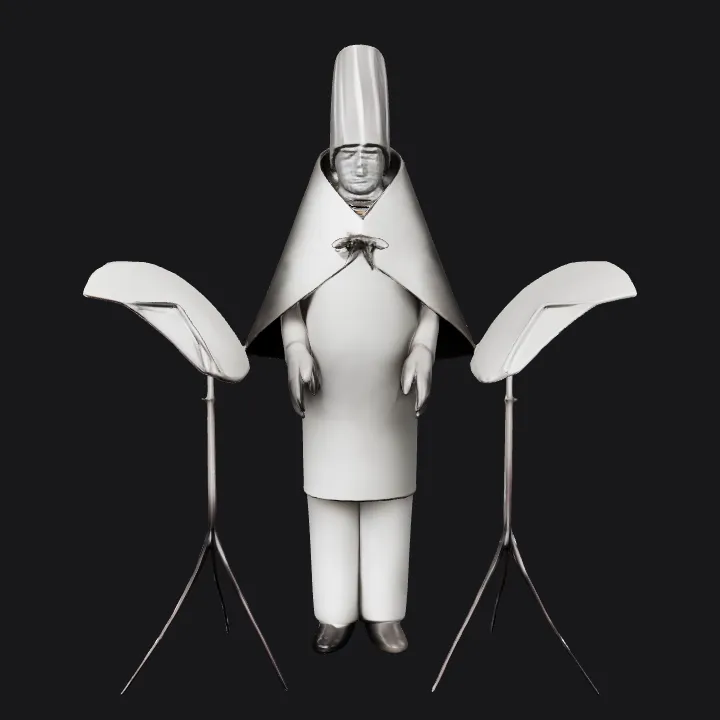 Person in surreal geometric costume. sharp edges, smooth edges, complex geometry, character, symmetric geometry.