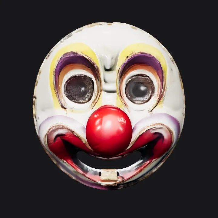 Circular clown face mask with exaggerated features. smooth edges, complex geometry, symmetric geometry.