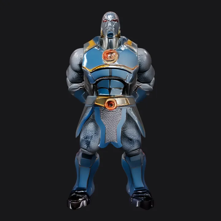 Armored comic supervillain with blue skin. sharp edges, complex geometry, game-ready, character, symmetric geometry.