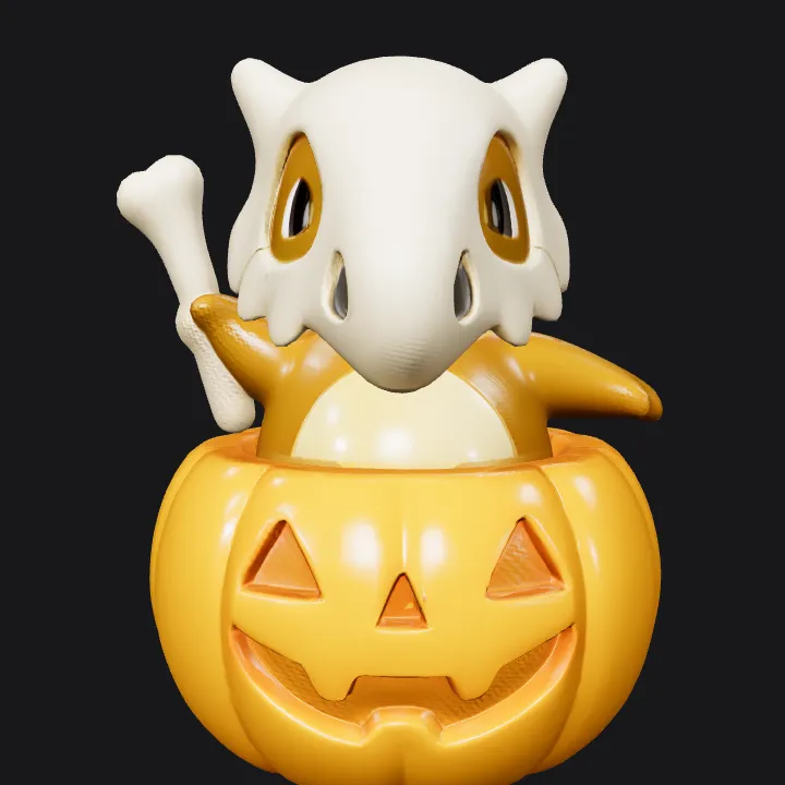 Cubone in a Halloween pumpkin pot. smooth edges, simple geometry, game-ready, character.