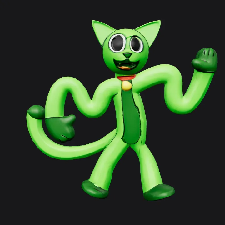 cartoonish green cat character. smooth edges, simple geometry, character.