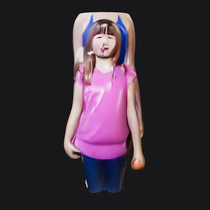 A child standing in front of an adult. complex geometry, character.