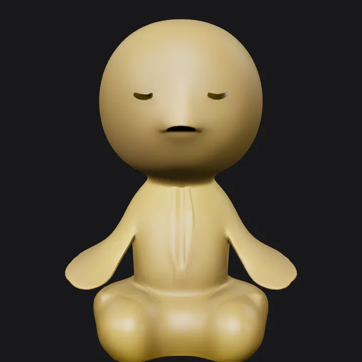 Minimalist sad figurine sitting on floor. smooth edges, simple geometry, character, symmetric geometry.