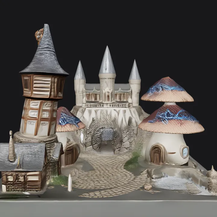 Fantasy village with mushroom houses and castle. complex geometry, smooth edges, sharp edges, game-ready.