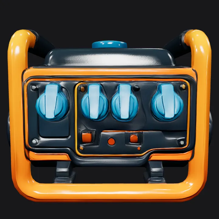 portable electric generator with bright frame. sharp edges, complex geometry, game-ready, symmetric geometry.