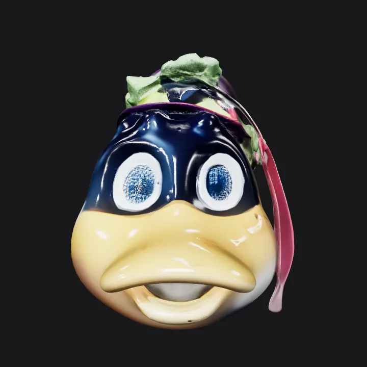 Eggplant decorated as a bird. smooth edges, complex geometry.