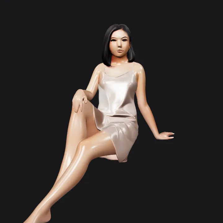 Woman in a satin dress sitting pose. smooth edges, complex geometry, character.
