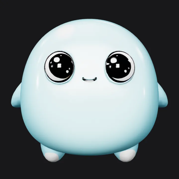 Cute blue cartoon blob character. smooth edges, simple geometry, game-ready, character, symmetric geometry.