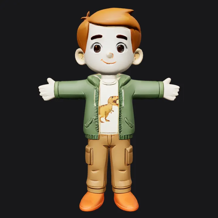 Cartoon boy in dinosaur t-shirt. smooth edges, simple geometry, game-ready, character, symmetric geometry.