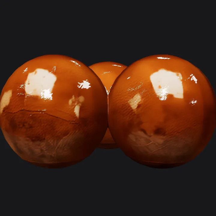 Three reflective brown spheres. smooth edges, simple geometry, symmetric geometry.