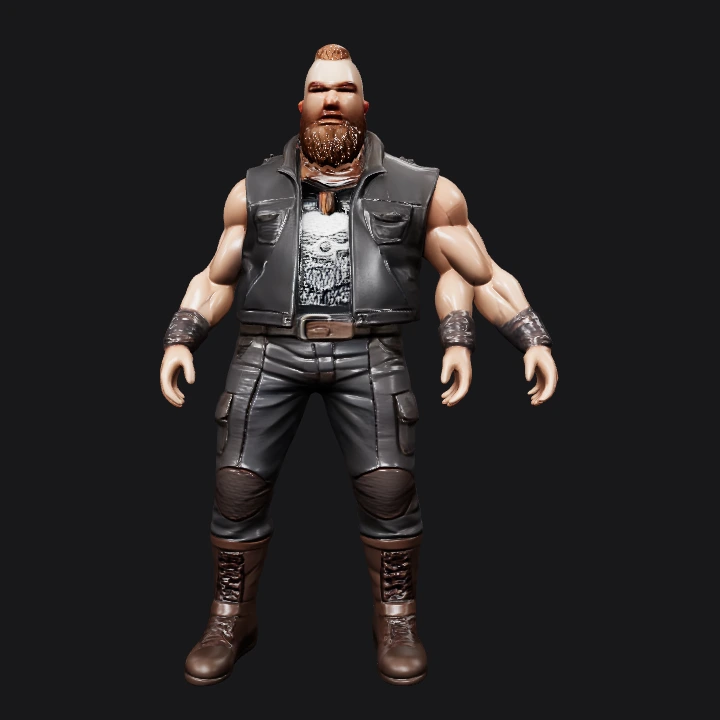 Biker man with skull vest, back view. complex geometry, game-ready, sharp edges, smooth edges, character.