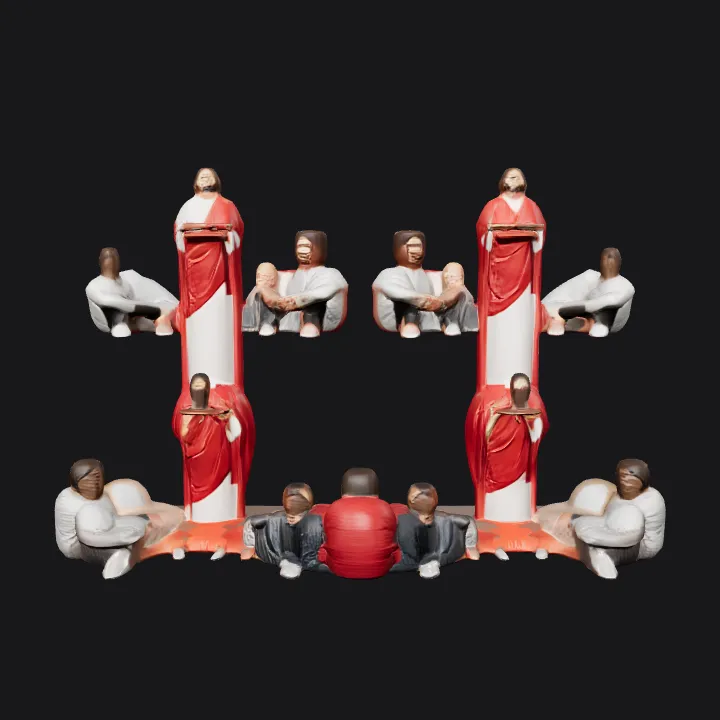 Jesus teaching with followers outdoors. complex geometry, character.