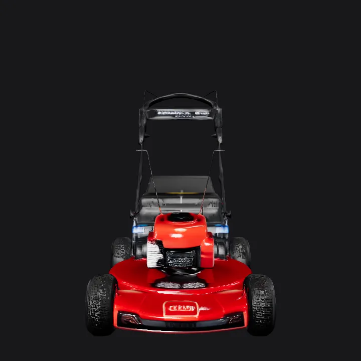 red lawn mower with handle. sharp edges, complex geometry, symmetric geometry.