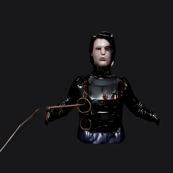 person in black leather costume with bladed hands. complex geometry, sharp edges, character.