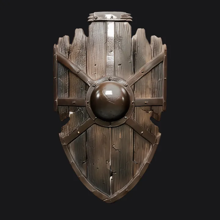 Old medieval wooden shield with metal rim. sharp edges, complex geometry, game-ready, symmetric geometry.