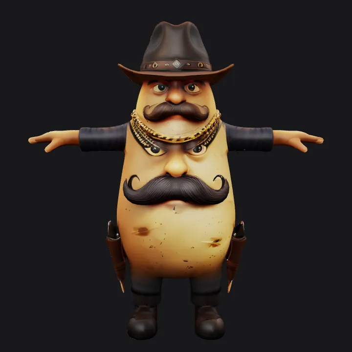 Potato dressed as cowboy in western town. smooth edges, complex geometry, game-ready, character, symmetric geometry.