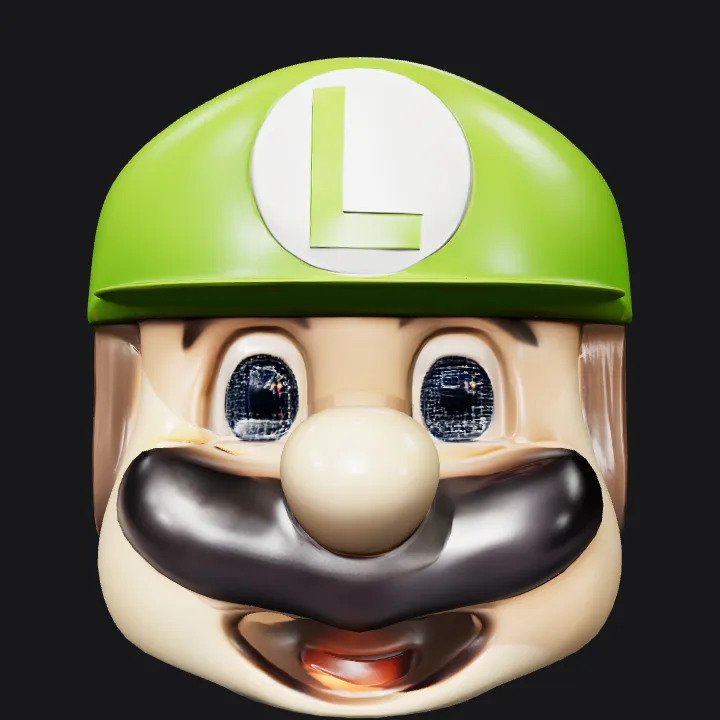 Luigi character head toy. smooth edges, simple geometry, character.