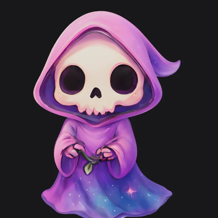 Cute cartoon Grim Reaper character. smooth edges, simple geometry, game-ready, character, symmetric geometry.