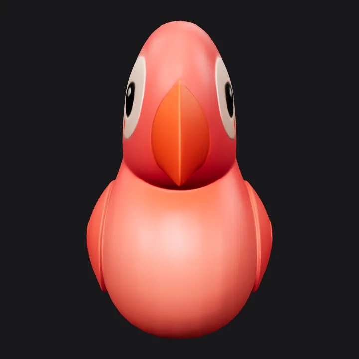 Cartoon pink bird with heart design. smooth edges, simple geometry, game-ready, character, symmetric geometry.