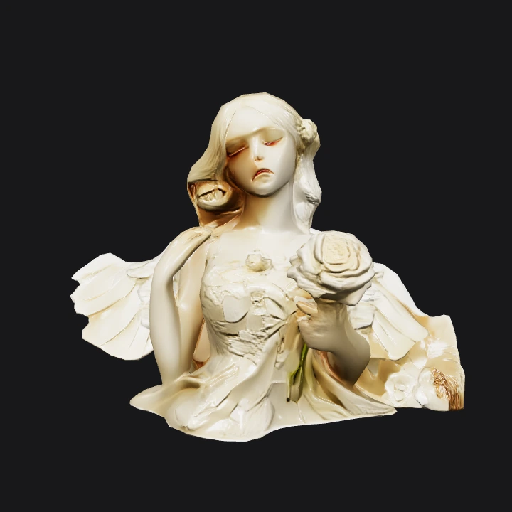 angel holding a rose sculpture. smooth edges, complex geometry, character, symmetric geometry.
