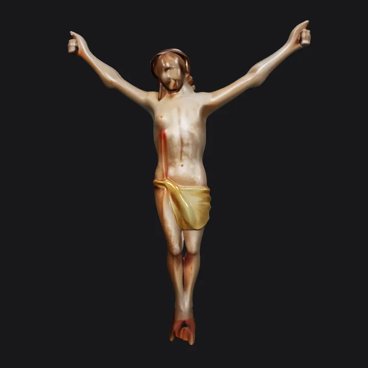 Crucified human figure sculpture. complex geometry, character.