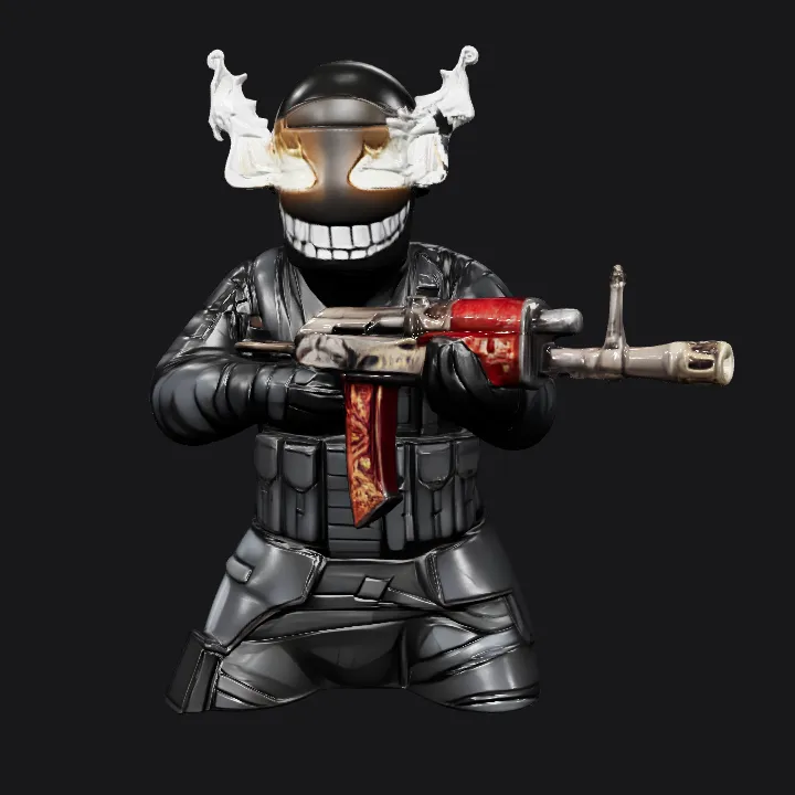 Smiling armored character with burning eyes. sharp edges, complex geometry, character.