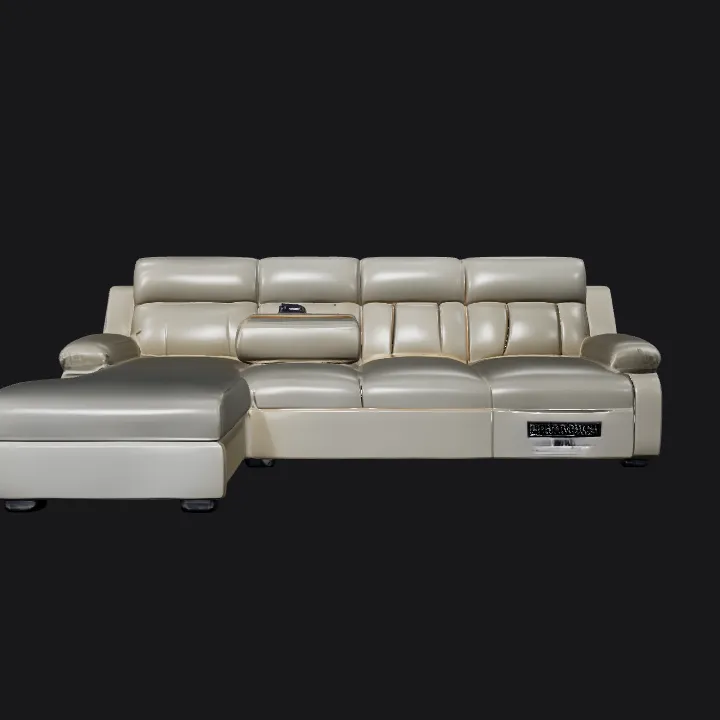 Beige reclining sectional sofa. complex geometry, sharp edges.
