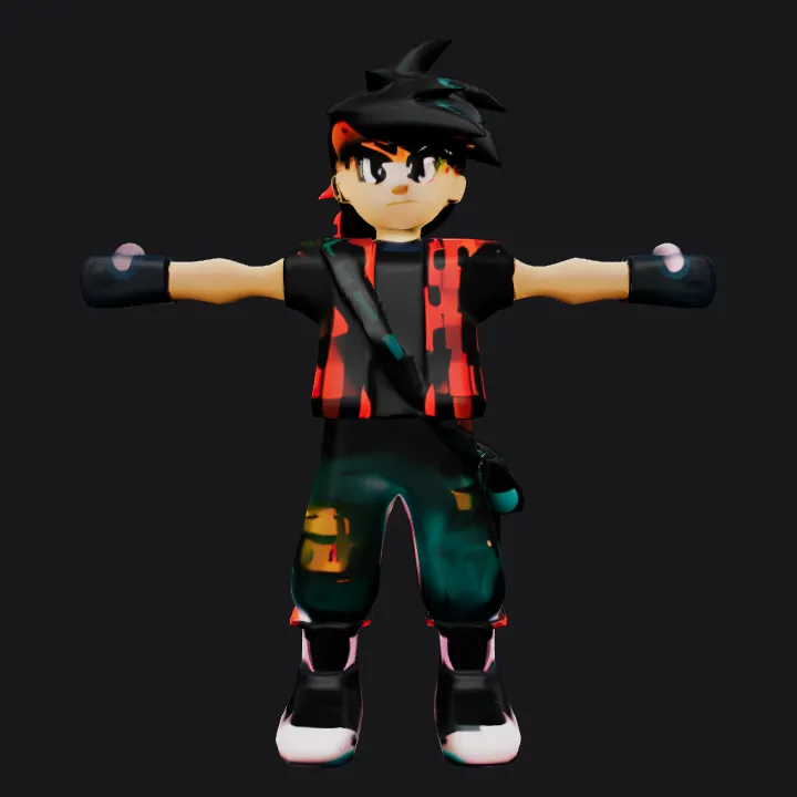 Anime-style male character in a T-pose. sharp edges, complex geometry, game-ready, character, symmetric geometry.