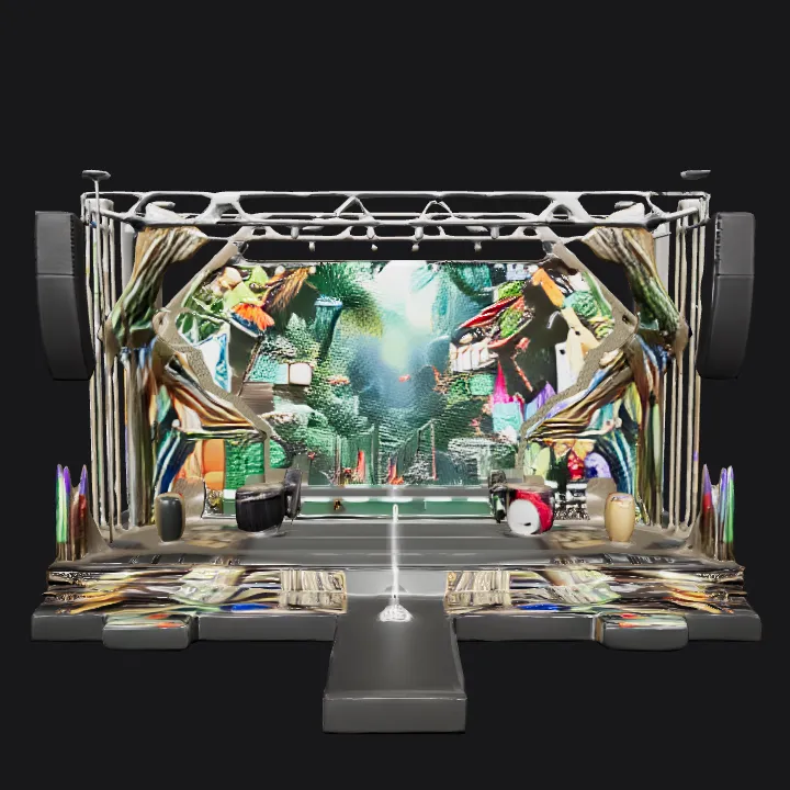 Modern concert stage with lights and speakers. sharp edges, complex geometry, game-ready, symmetric geometry.