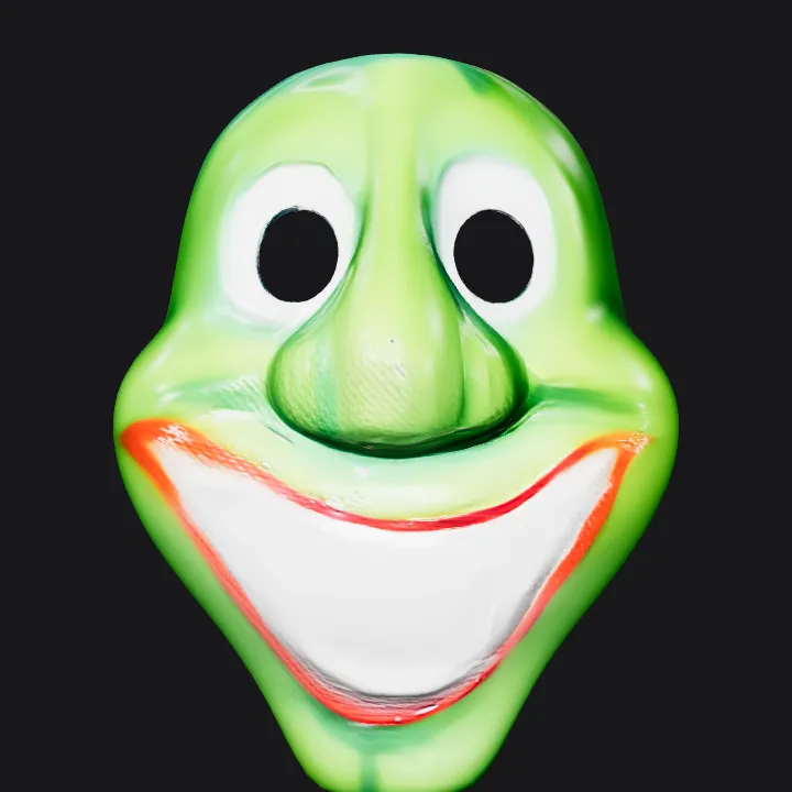 Green smiling cartoon face mask. smooth edges, simple geometry, character, symmetric geometry.