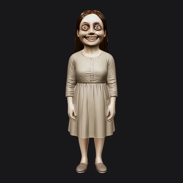 A young girl standing upright. smooth edges, simple geometry, character, symmetric geometry.